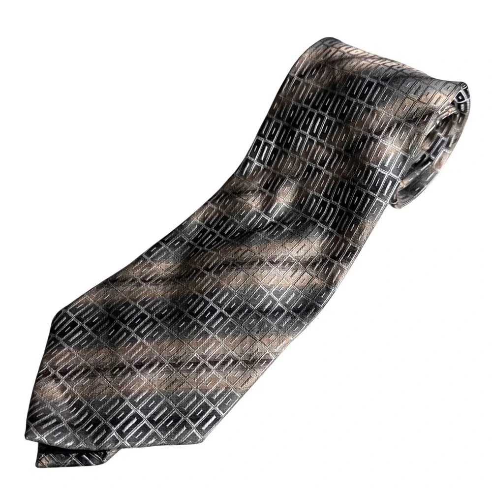 Campia Moda Mens Silk Tie Extra Long Geometric Grid Grey Taupe Bronze Hand Made